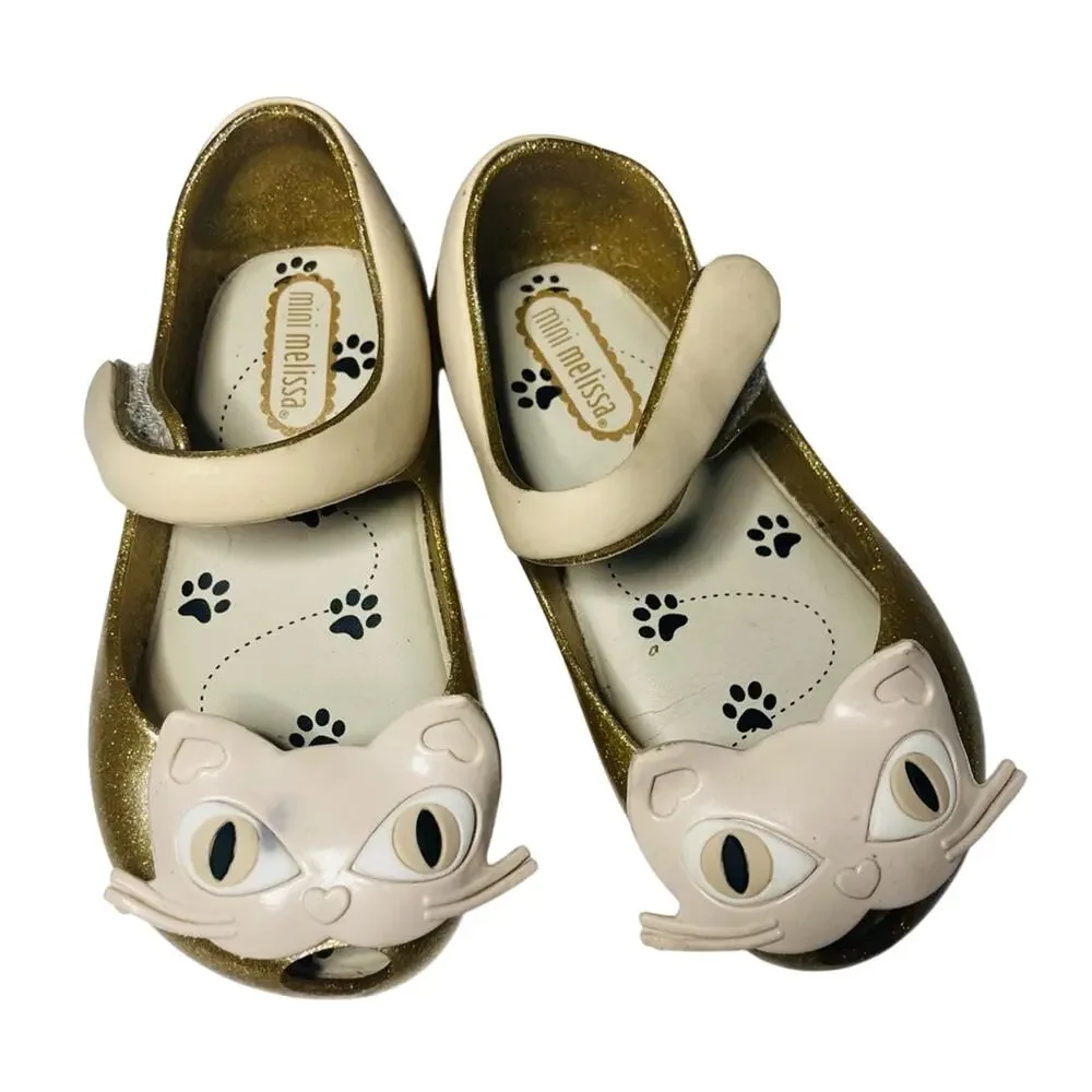 Mini Melissa Ultragirl Glitter Gold Kitty Cat Mary Jane Jelly Flats Shoes